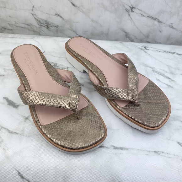 🎈Taryn Rose 🌹 Thong Leather Heeled Gold Sandals Sz 9 - Picture 1 of 9